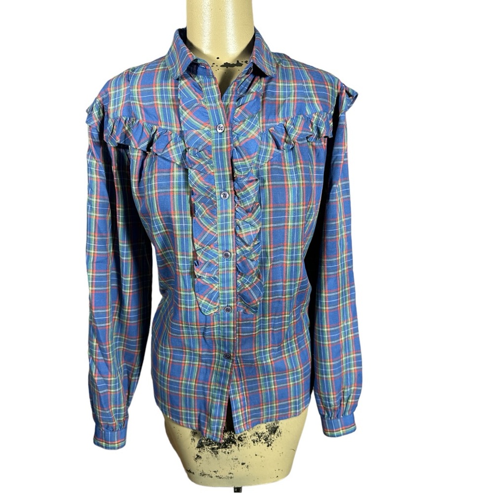 Vintage Country Cottage Ruffle Yoke Blue Plaid Blouse Women’s Sz L Rodeo Cowgirl